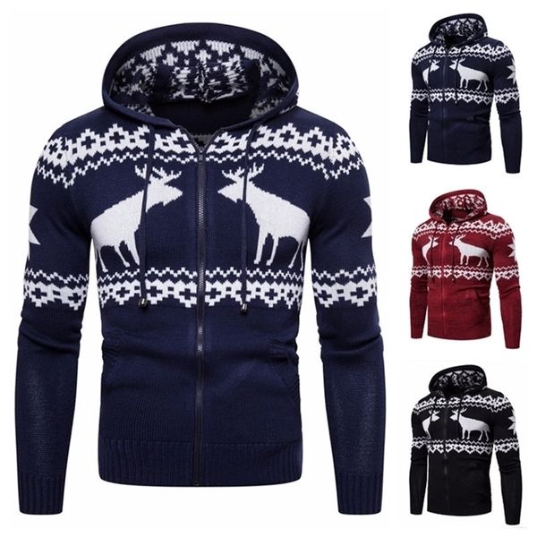 Autumn Winter Chegada de inverno Europeu e American Men Zipper Capeled Deer Christmas Sweater Casual Jacket 201221