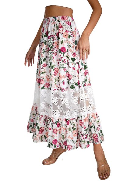 

floral print lace insert ruffle hem skirt r4cu#, Black