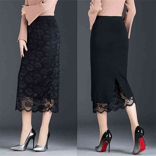 

autumn and long section jupe femme two sides wearing lace midi split bag hip wool winter skirt 210319, Black