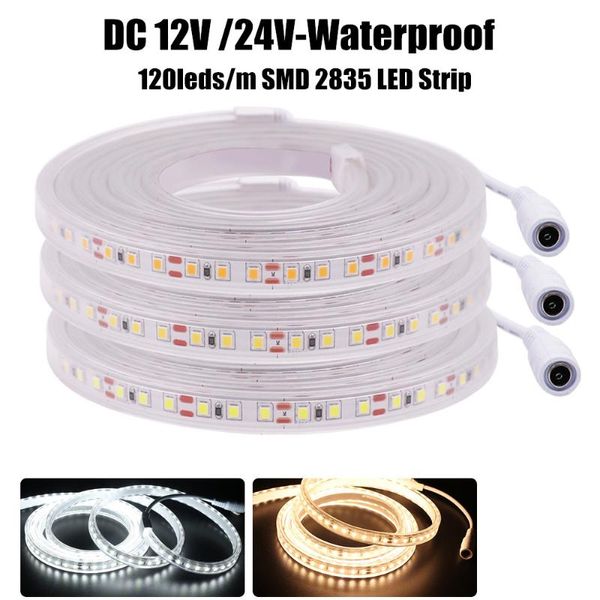 Tiras 12V 24V 2835 LED tira IP67 Água à prova d'água 120leds /m lâmpada leve de fita flexível com conector DC