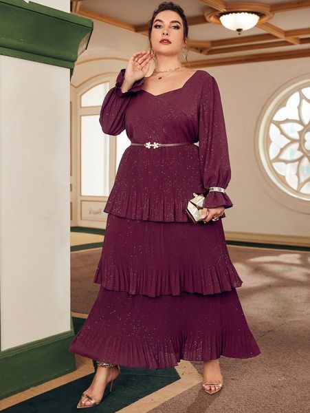 

plus sweetheart neck flounce sleeve layer hem plisse belted prom dress z3q3#, Black