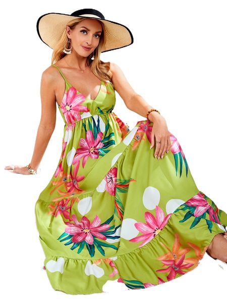 

floral print ruffle hem maxi cami dress m6jc#, Black;gray