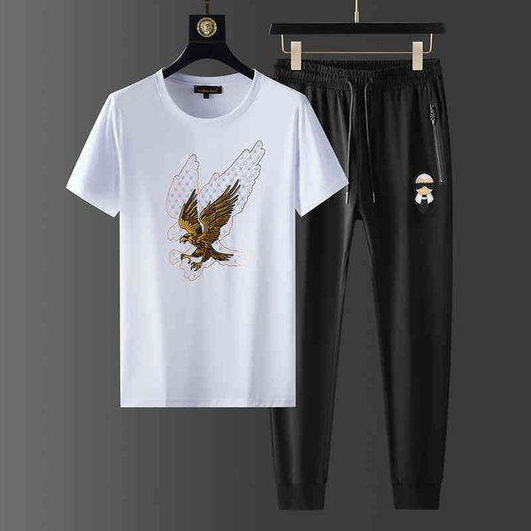 

men's tracksuits mercerized cotton men's clothes summer short sleeved t-shirt set dapeng wing spreading drill leisure pants two-pi, Gray