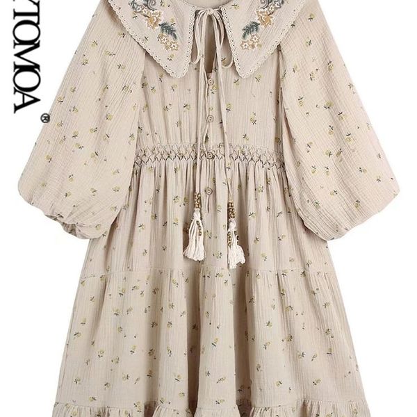 

kpytomoa women fashion with embroidery peter pan collar mini dress vintage puff sleeve front buttons female dresses vestidos 220516, Black;gray