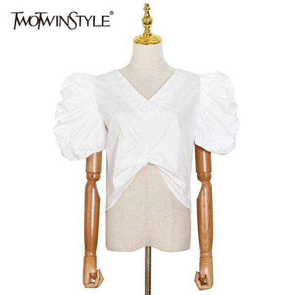 

white elegant shirt for women v neck puff sleeve short solid blouse female fashion clothing summer 210423