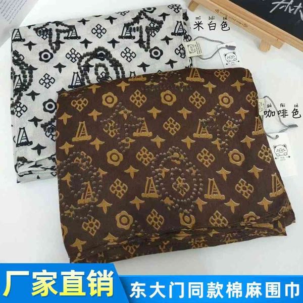 

korean version dongdamen same cotton and linen scarf for women in autumn and winter increased size warm printing shawl, Blue;gray