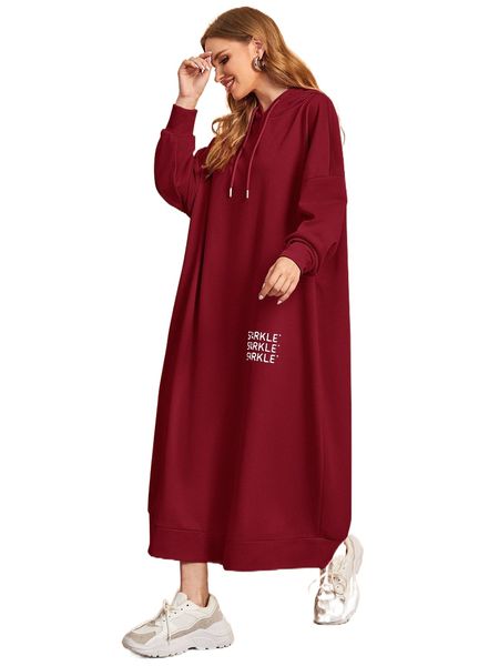 

drop shoulder solid drawstring hooded dress y4x9#, Black