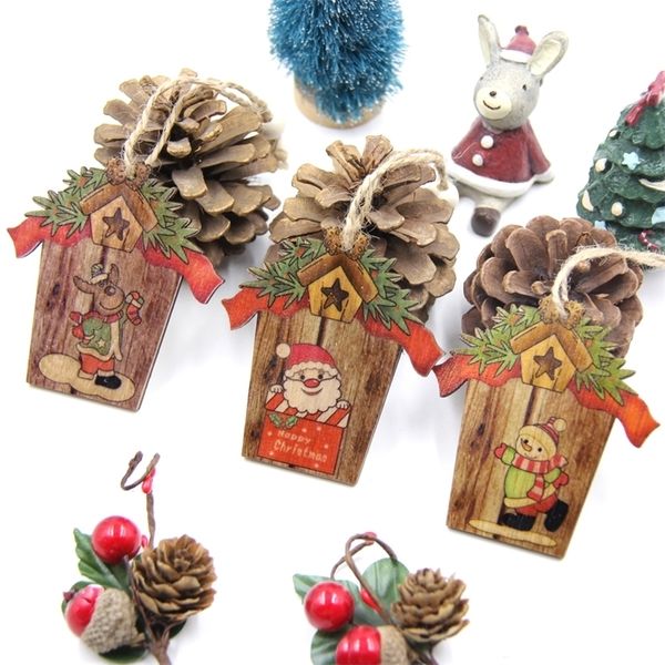 9pcs Impresso Mini House House Christmas Pingentes de madeira de Natal Ornamento Diy Wood Crafts Home Party Decorações Crianças Presentes Y201020