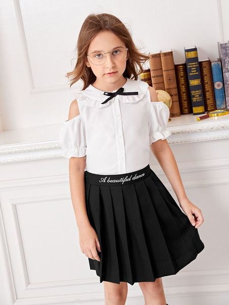 

girls cold shoulder ruffle trim bow & slogan graphic pleated skirt she, White