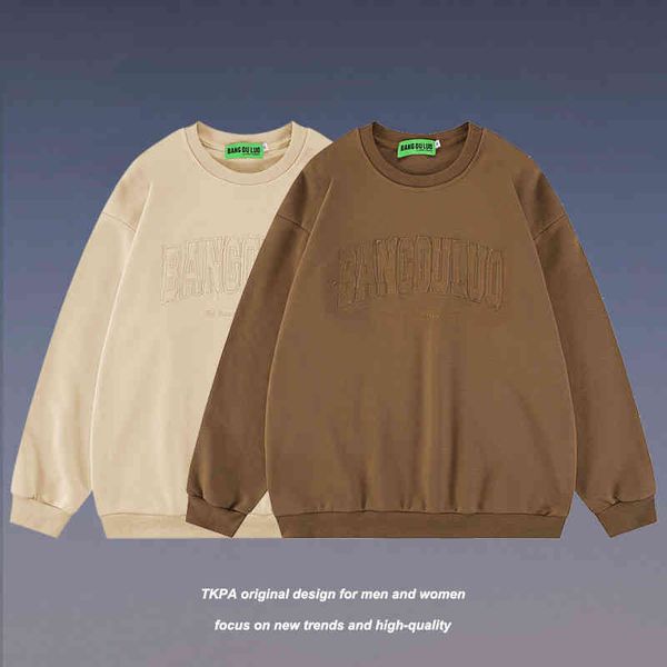

tkpa guochao hanging shoulder letter three-dimensional embroidery pullover hoodie men's autumn and winter loose round neck couple', Black