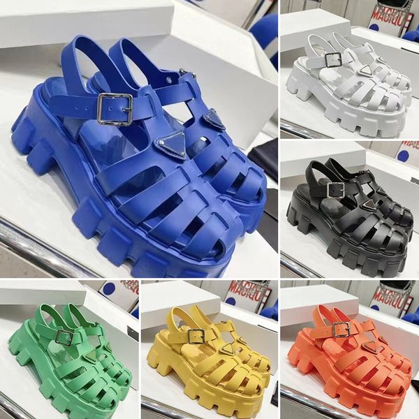 Damen Designer Sumemr High Heel Sandalen Damen Gummi Dickbesohlte Gear Hohle Plattform Slides Hausschuhe Retro Strand Loafer Runde Zehen Schnalle Riemen Sandale