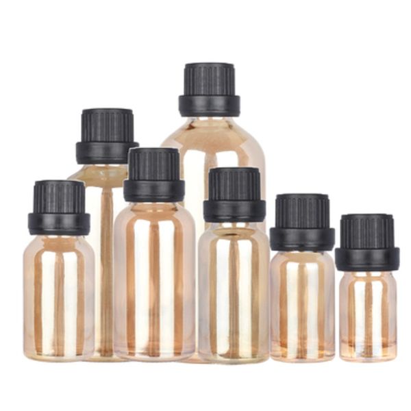 Garrafa de vidro de ouro âmbar vazio Tampa de parafuso preto de cabeça grande com plugue portátil Cosmético Recipiente de embalagem RECIMENTO 5ML 10ML 15ML 20ML 30ml 50ml 100ml