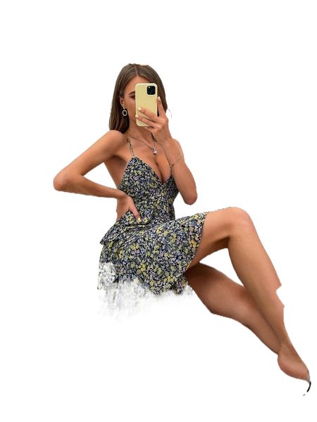 

random ditsy floral print crisscross backless layered hem chiffon cami dress f7ci#, Black;gray