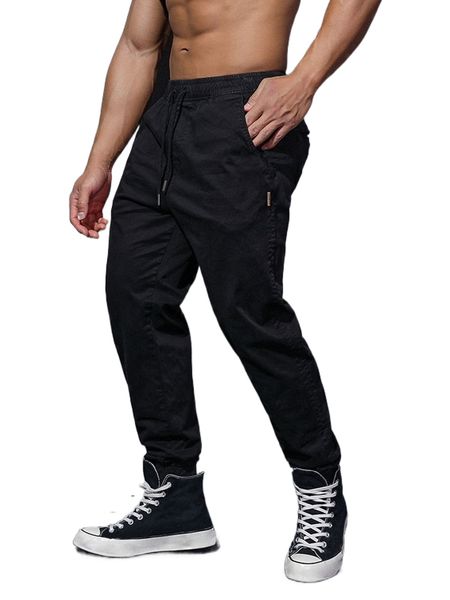 

men solid drawstring waist pants q950#, Black