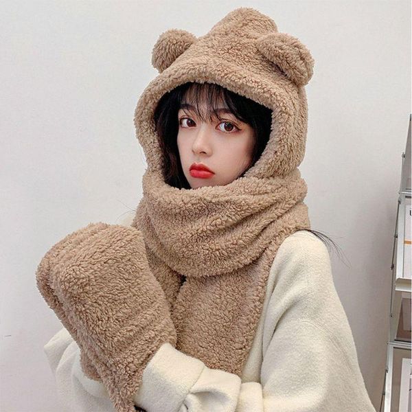 Bandanas Winter Women Novelty Caps Cute Bear Ear Hat Scarf Gloves Set Warm Plush Fur Hood Mitten Lady Earflap Long