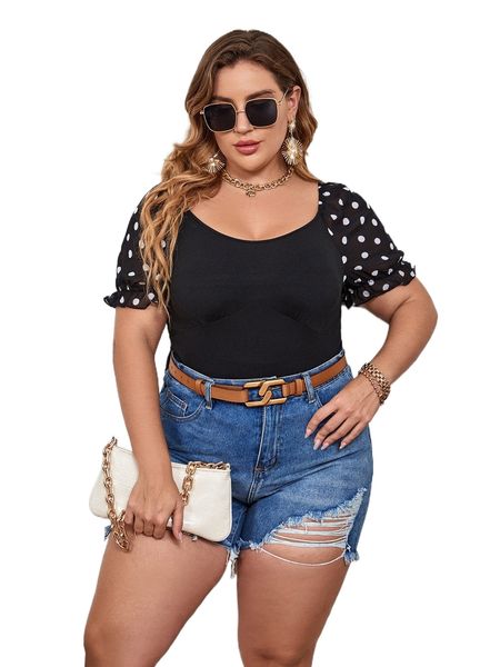 

plus contrast polka dot flounce sleeve tee d71w#, Black