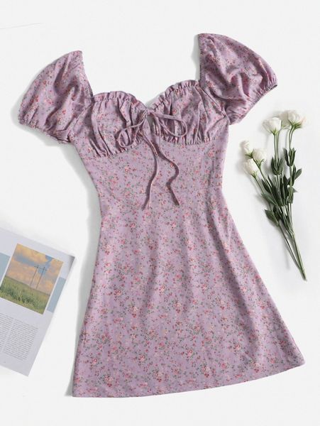 

frill trim ruched bust tie front ditsy floral dress x8to#, Black;gray