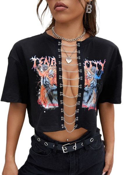 

tiger & letter graphic chain crop tee s6ku#, White