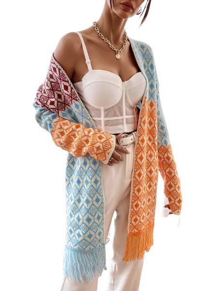 

colorblock geometric pattern fringe hem drop shoulder cardigan 92kd#, White;black