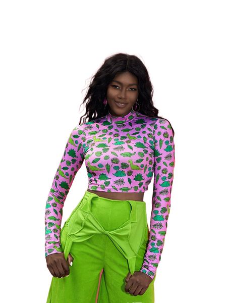 

x _d.daniela.a_ tropical & dinosaur print mock neck crop tee d10p#, White