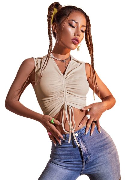 

drawstring front crop tank s8l0#, White