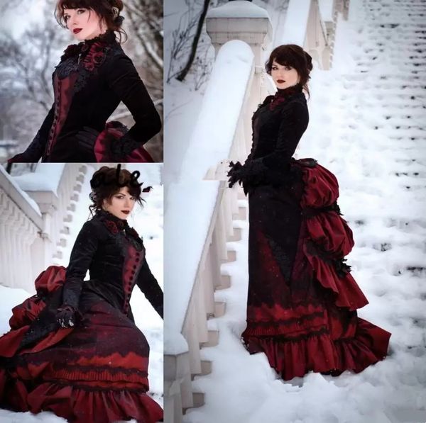 Vestido de noiva de inverno vintage preto e bordô vestidos de noiva 2022 Velvet manga longa pescoço alto gótico Visores vitorianos saia agitada