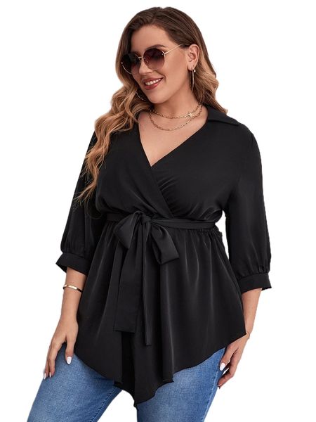 

plus surplice neck asymmetrical hem belted blouse d4pq#, Black