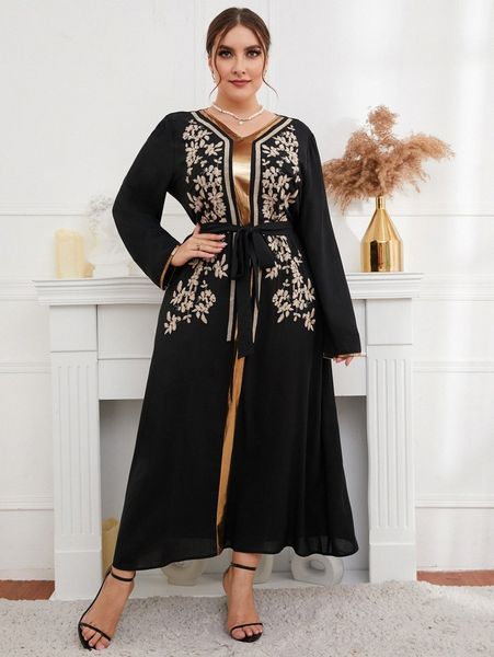

plus floral embroidered belted dress o4zs#, Black