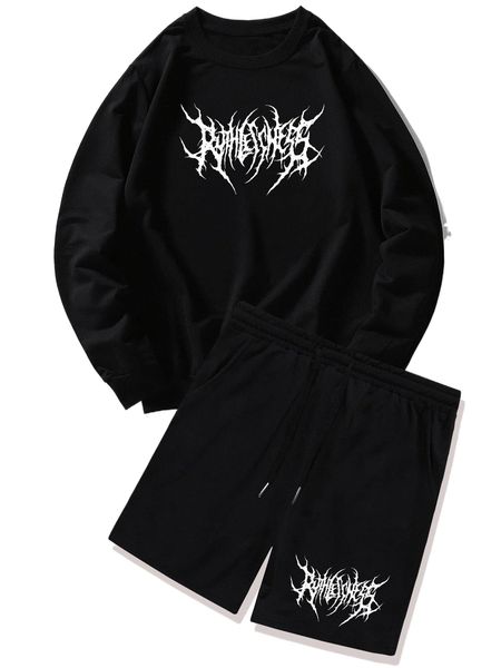 

romwe guys letter sweatshirt & shorts g7mn#, Gray