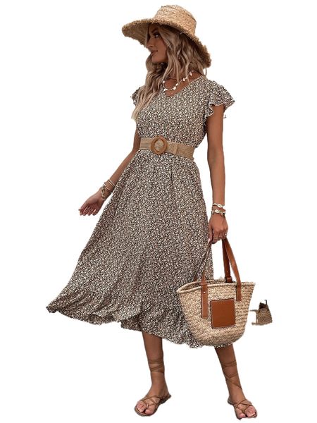 

ditsy floral print butterfly sleeve ruffle hem dress without belt u4ih#, Black;gray