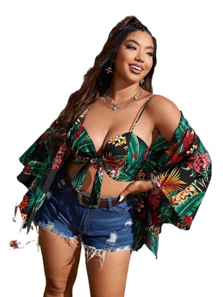 

plus tropical print knot front crop cami & batwing sleeve kimono 273c#, Black