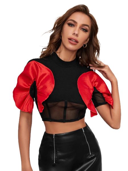 

x marÃ­a ponce ruffle trim contrast mesh crop 067f#, White