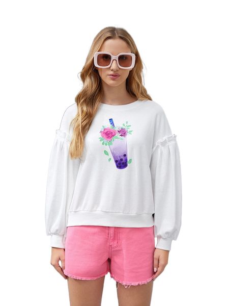 

x aaauwsome graphic print ruffle trim sweatshirt o0hd#, Black