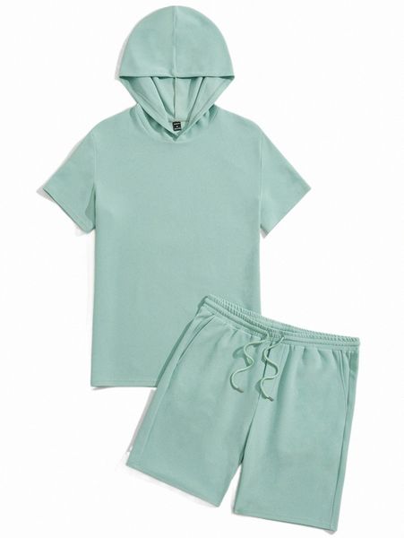 

men solid hooded tee & track shorts set 6139#, Gray