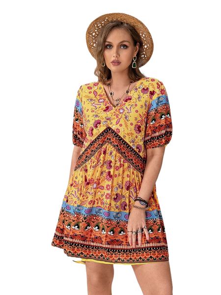 

rusttydustty plus paisley & floral print puff sleeve smock dress v4ar#, Black