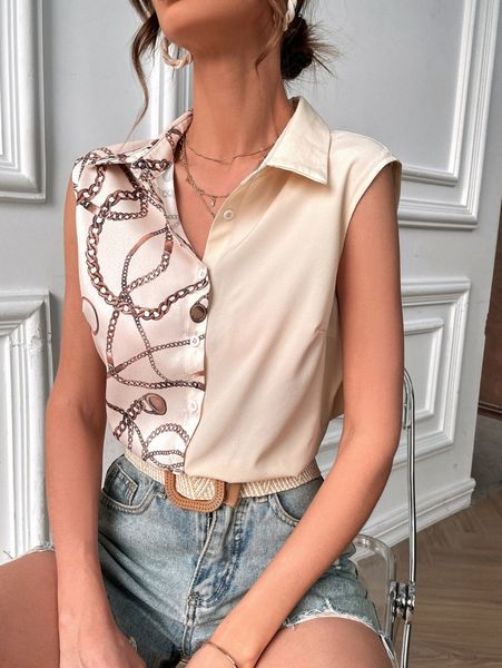 

chain print spliced blouse i12z#, White