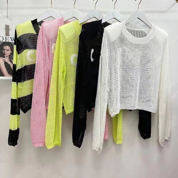 

women's knits 2022 c home letter embroidery hollow out loose show thin leisure trend sunscreen sweater knitting long sleeve thin, White