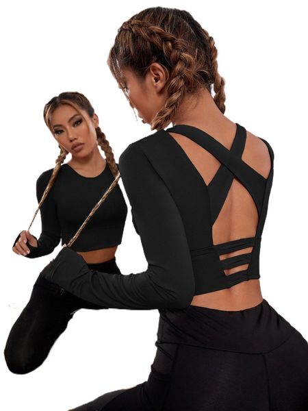 

thumb holes criss cross backless sports tee e6fo#, Gray