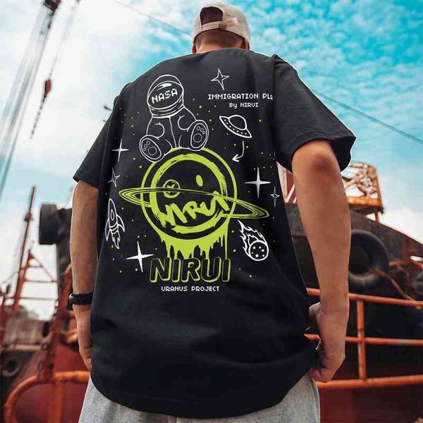 

2021 summer new nasa crew short sleeve t-shirt men's cotton black loose large half, White;black