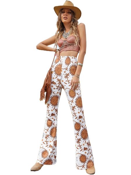 

sun & palm tree print flare leg pants f1yz#, Black;white