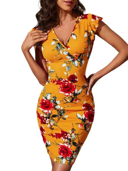 

surplice neck floral print butterfly sleeve bodycon dress m3kl#, Black;gray