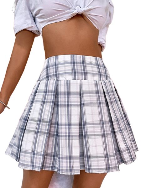 

tartan high waist pleated skirt y0cm#, Black