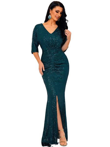 

missord v-neck ruched split thigh sequin dress p3hz#, Black;gray