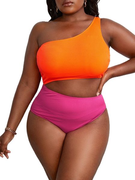 

plus two tone one shoulder cut out one piece swimsuit t4fm#, White;black