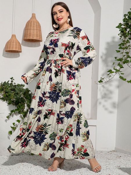 

plus tropical print ruffle hem maxi dress t2o8#, Black