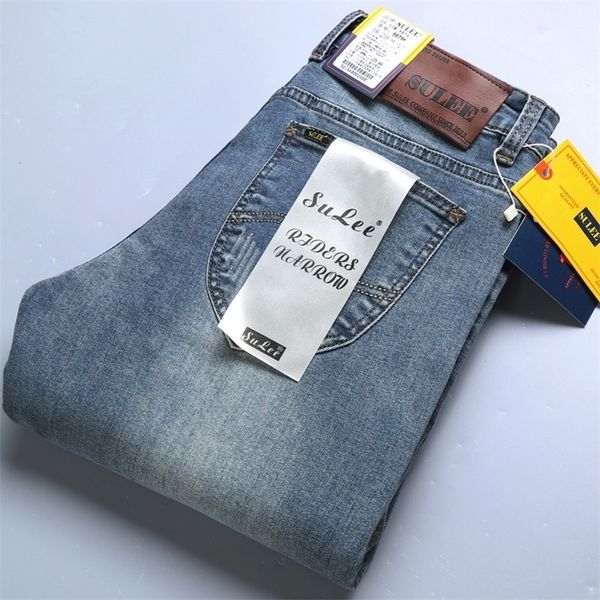 

sulee brand men's jeans business casual elastic comfort straight denim pants male trousers 220328, Blue