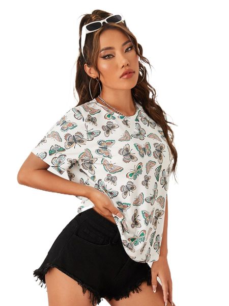 

x creativesbymw butterfly print round neck tee p6yo#, White