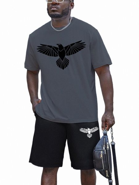 

extended sizes men eagle print tee with drawstring waist shorts j5kj#, Gray