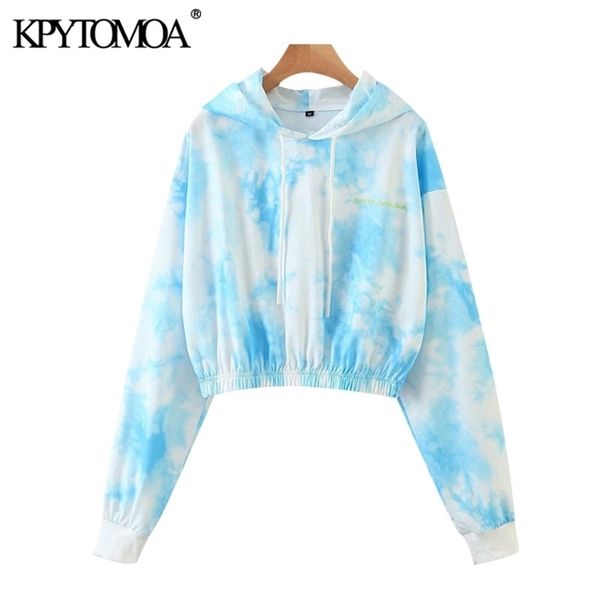 

kpytomoa women fashion tie-dye print cropped hoodies sweatshirts vintage long sleeve elastic hem female pullovers chic 201203, Black