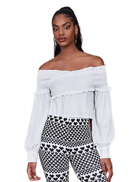 

off shoulder frill trim lantern sleeve blouse t4gu#, White
